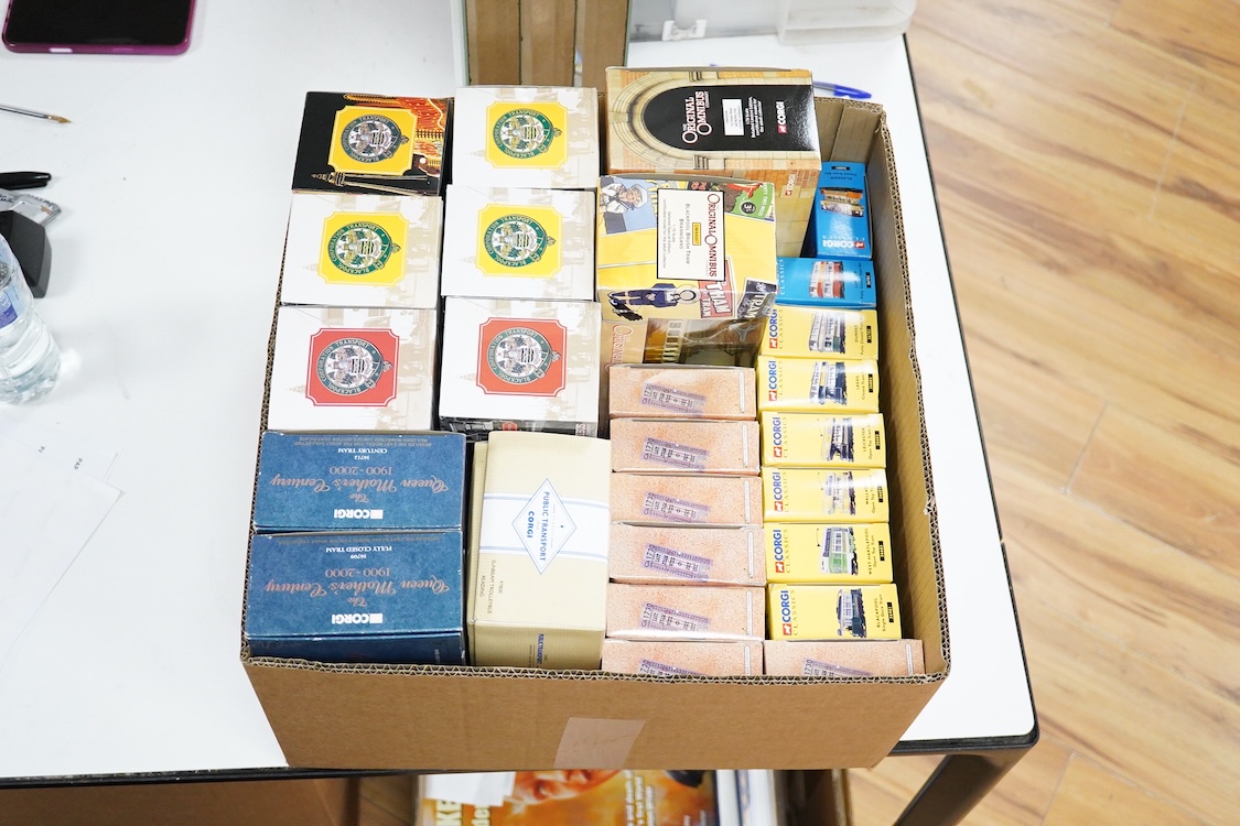 Forty-five boxed diecast trams, buses and other commercial vehicles by Corgi Classic, Corgi OOC, and EFE, operators include Leeds tram, the Tate & Lyle Story set, Blackpool Corporation Transport (seven examples), Thornyc